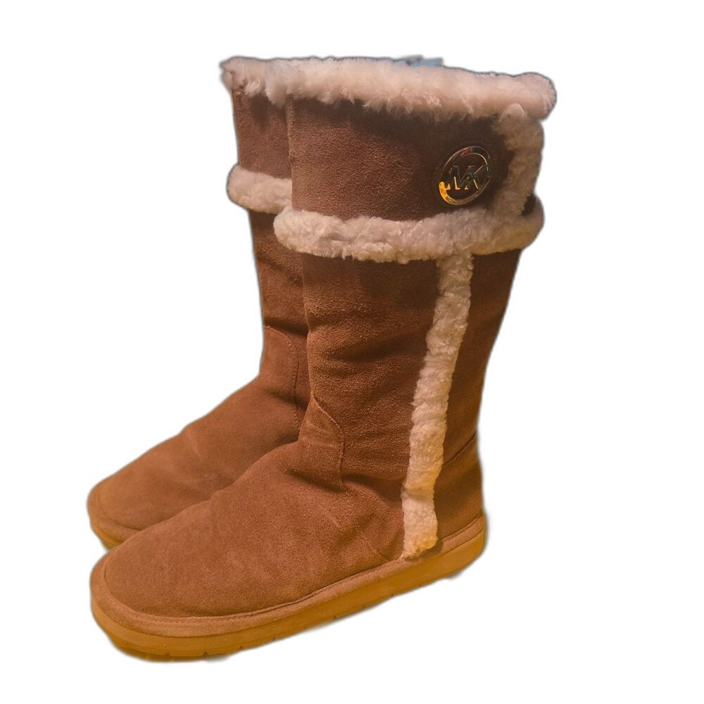 Michael Kors Womens Size 10 Brown Shearling Tall Winter Boots Suede Fur Trim